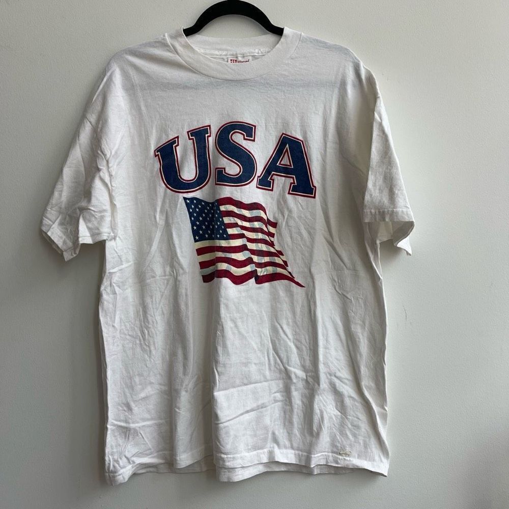Hanes Comfort T Men's US American Flag T-Shirt Cotton Patriotic Graphic White XL